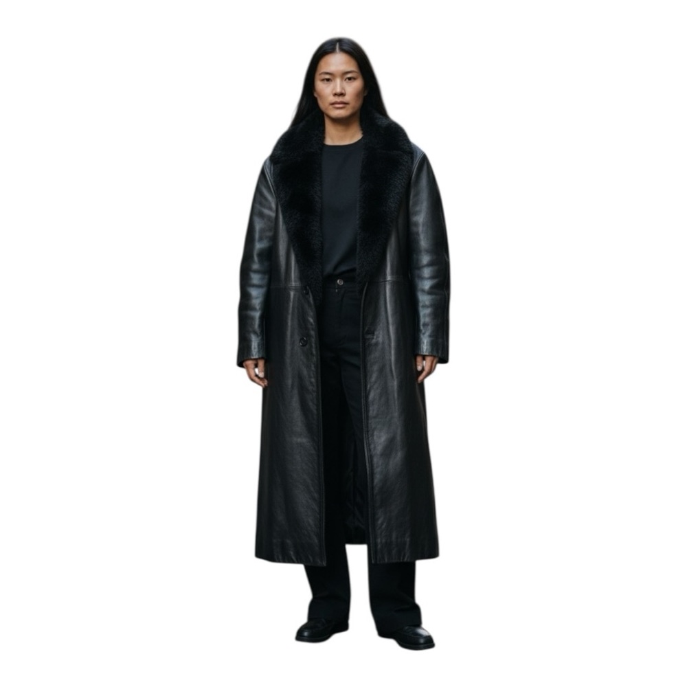 Le Baz Black Real Leather Long Coat with Faux Fur Collar Size S Paris NY London